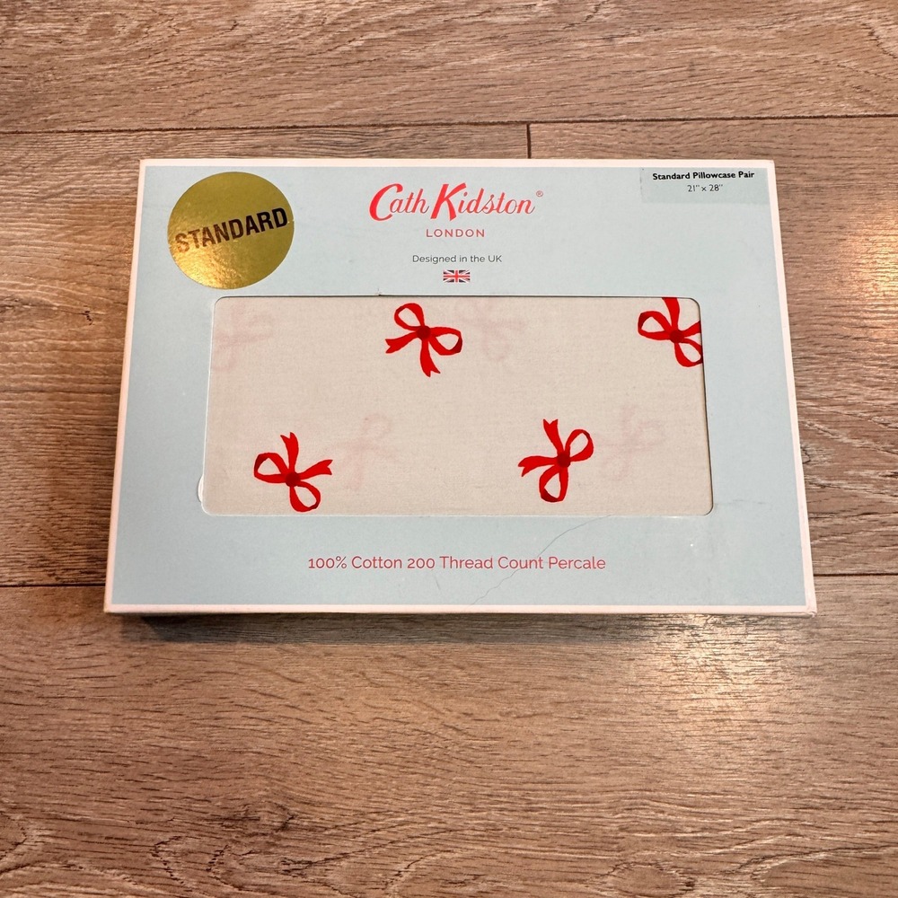 NIB Cath Kidston Standard Pillowcase Pair Set Cotton 200 Thread Bow Ruby Sage
